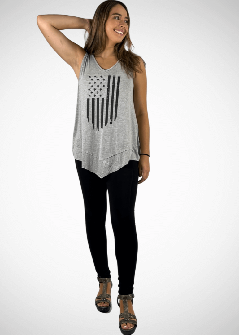 USA Made  American Flag Graphic Ladies Light Heather Grey Sleeveless V-Neck Asymmetrical Top  | Classy Cozy Cool Women&