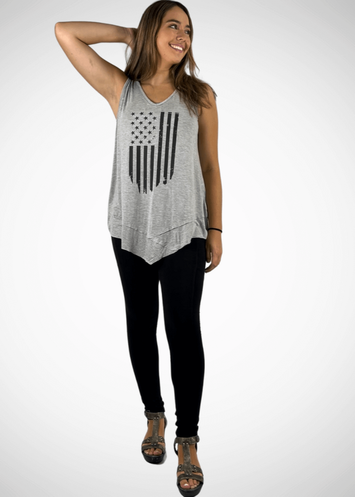USA Made  American Flag Graphic Ladies Light Heather Grey Sleeveless V-Neck Asymmetrical Top  | Classy Cozy Cool Women&