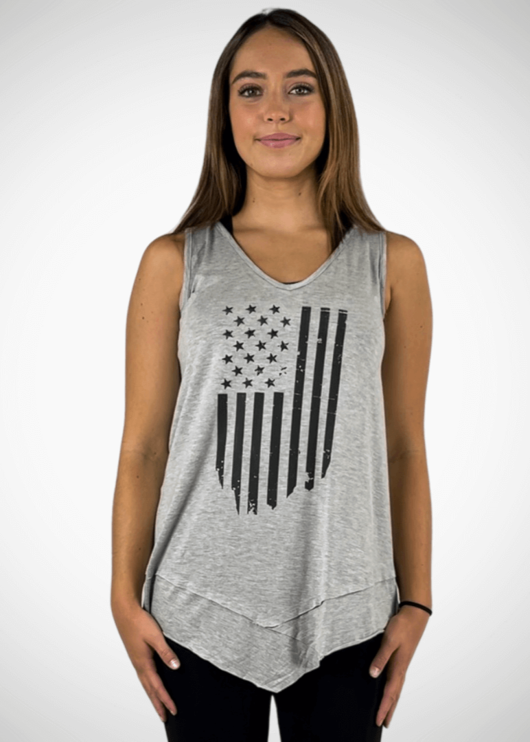USA Made  American Flag Graphic Ladies Light Heather Grey Sleeveless V-Neck Asymmetrical Top  | Classy Cozy Cool Women&