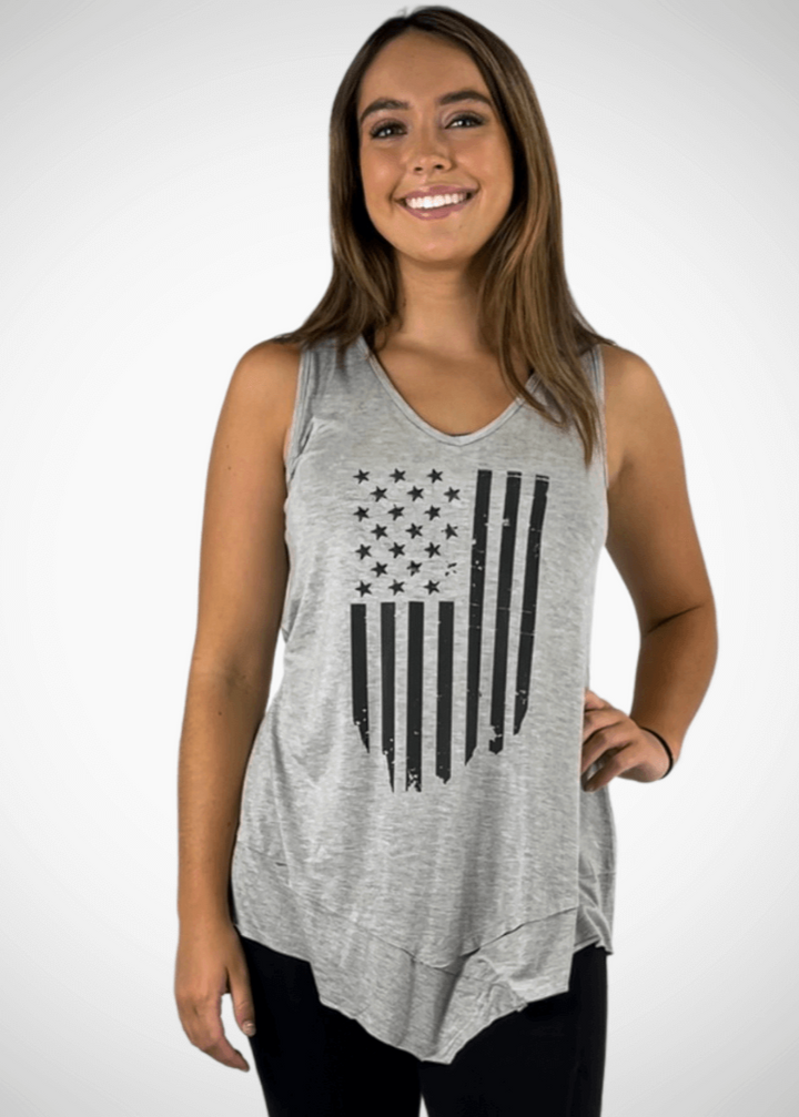 USA Made  American Flag Graphic Ladies Light Heather Grey Sleeveless V-Neck Asymmetrical Top  | Classy Cozy Cool Women&