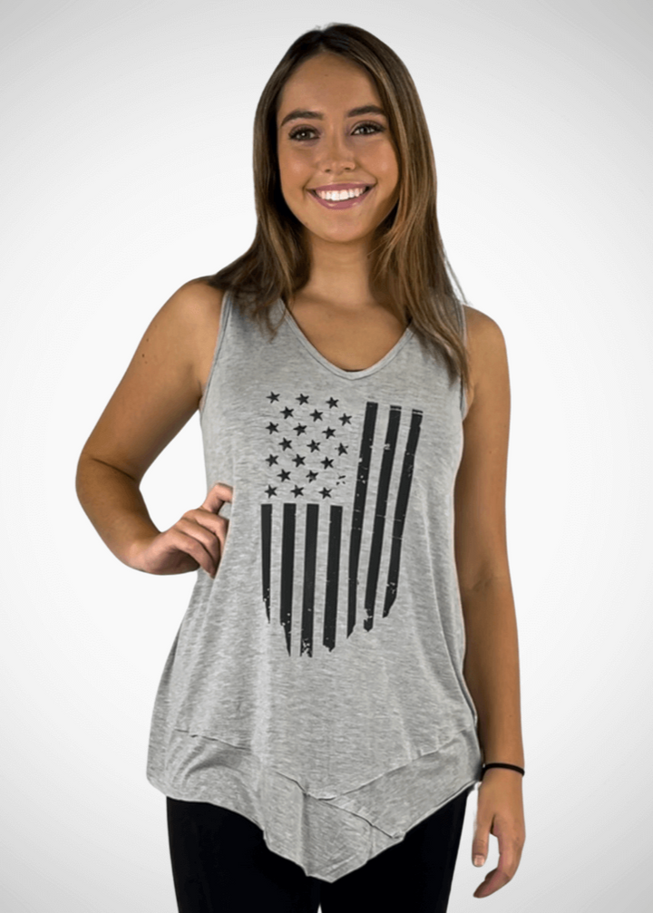 USA Made  American Flag Graphic Ladies Light Heather Grey Sleeveless V-Neck Asymmetrical Top  | Classy Cozy Cool Women&