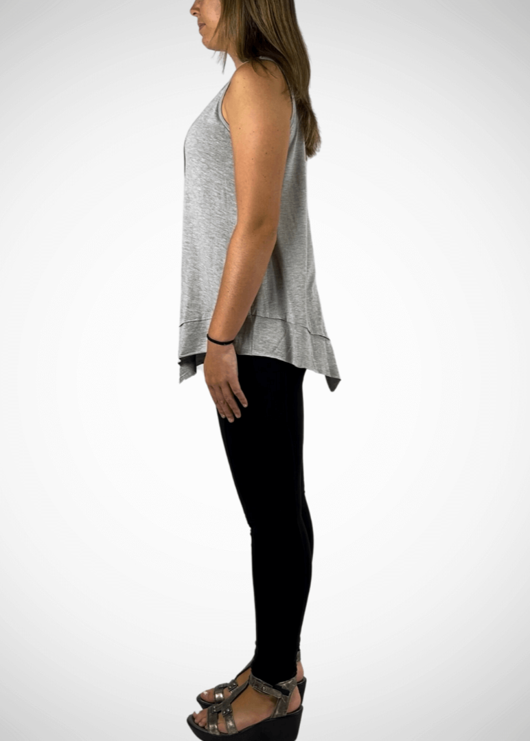 USA Made  American Flag Graphic Ladies Light Heather Grey Sleeveless V-Neck Asymmetrical Top  | Classy Cozy Cool Women&