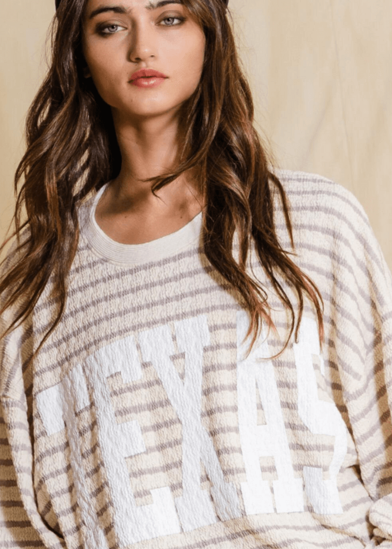 Made in USA Textured "TEXAS" Graphic Oversized Game Day Textured Sweatshirt with Crew Neck and Long Sleeves in Black or Pink with Cream Stripes | Bucket List Style T1770