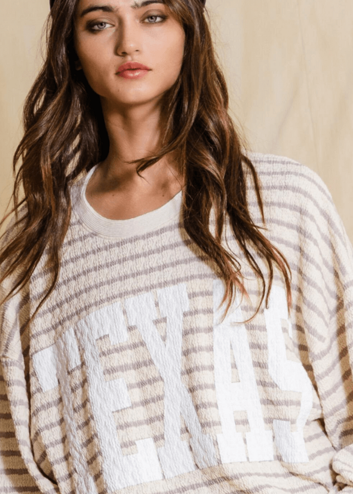 Made in USA Textured "TEXAS" Graphic Oversized Game Day Textured Sweatshirt with Crew Neck and Long Sleeves in Black or Pink with Cream Stripes | Bucket List Style T1770