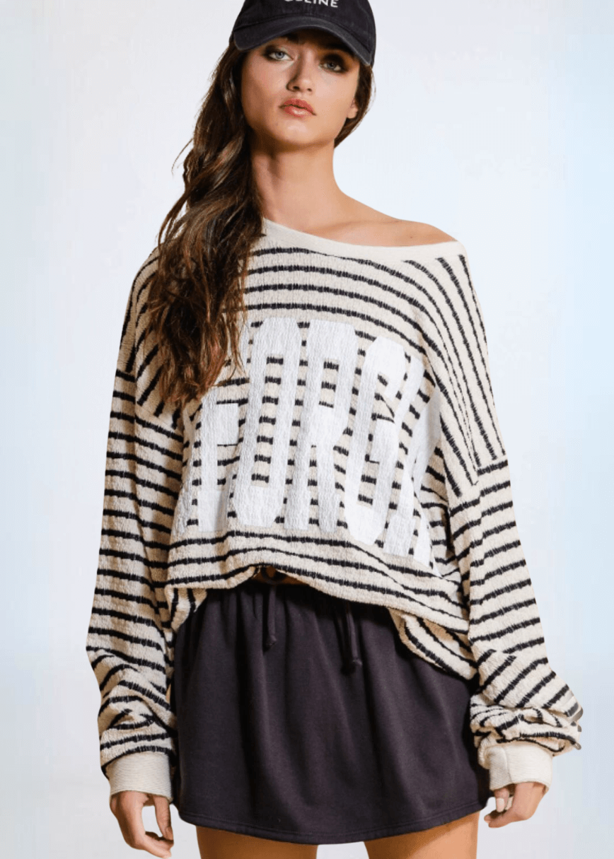 Made in USA Textured "GEORGIA" Graphic Oversized Game Day Textured Sweatshirt with Crew Neck and Long Sleeves in Black and Cream Stripes | Bucket List Style T1770