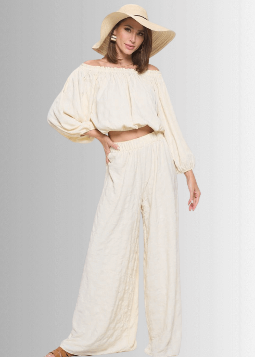 Made in USA Women's Textured Cream Bubble Sleeve Top and Wide Leg Palazzo Pants with Elastic Waist | Renee C Style 4788TP and 4789PT | Classy Cozy Cool Made in America Boutique