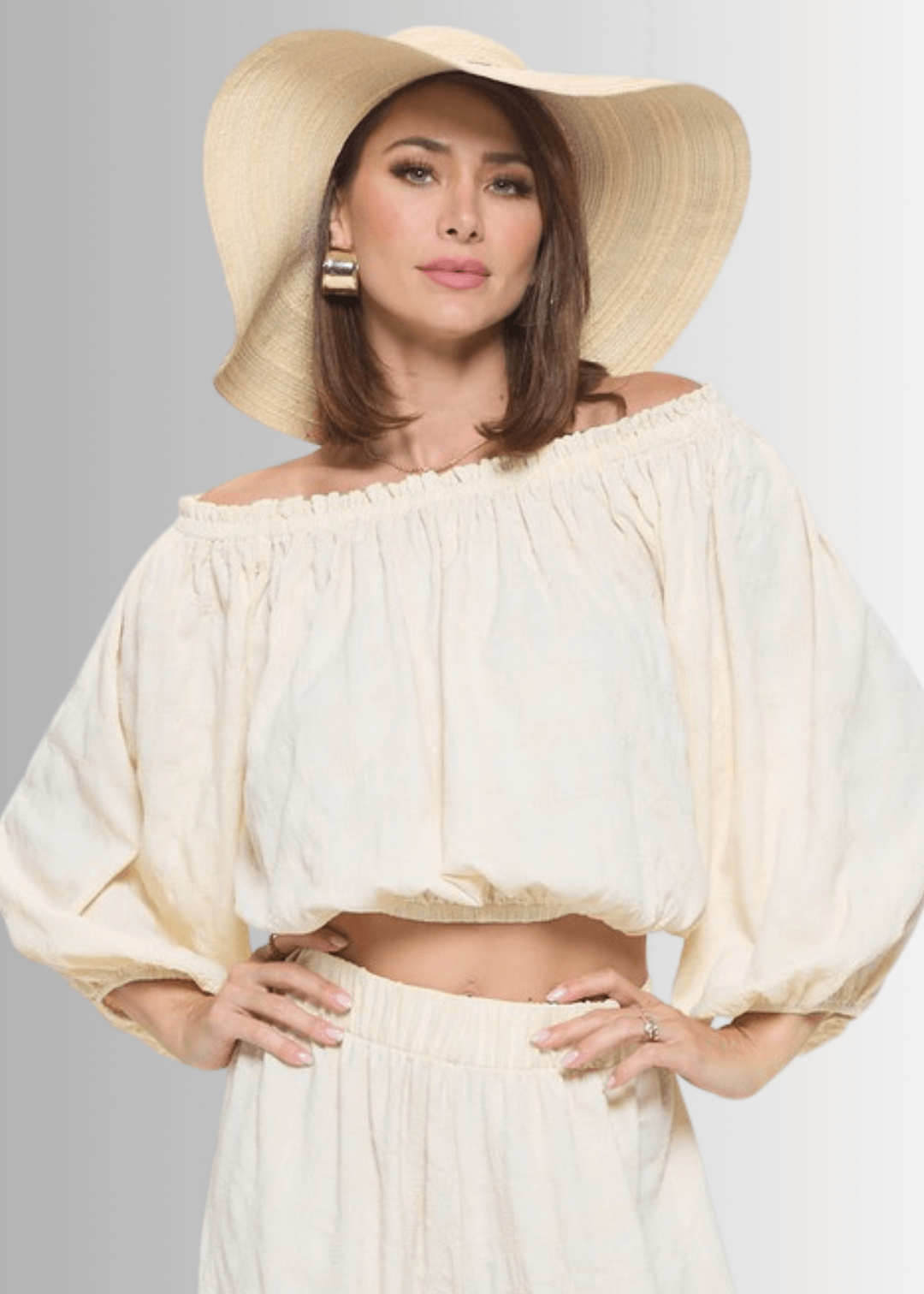 Made in USA Women's Textured Cream Bubble Sleeve Top and Wide Leg Palazzo Pants with Elastic Waist | Renee C Style 4788TP and 4789PT | Classy Cozy Cool Made in America Boutique