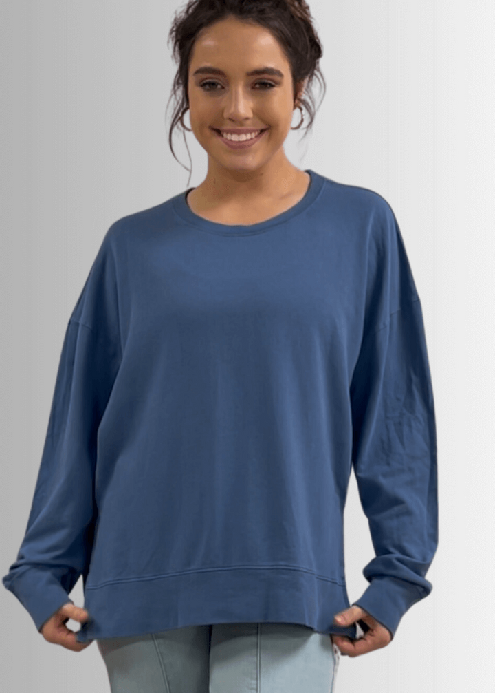 Made in USA Premium French Terry Cotton Long Sleeve Top, Made with Premium USA Cotton, Oversized Fit, Lightweight, Crew Neck in Denim Blue | Classy Cozy Cool Made in America Boutique