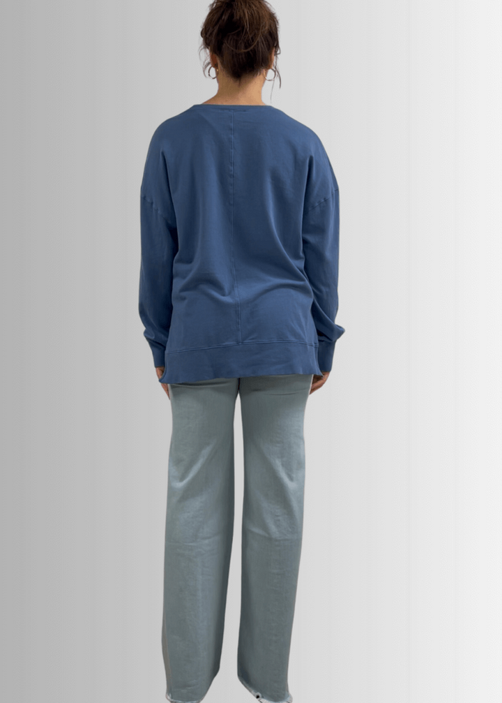 Made in USA Premium French Terry Cotton Long Sleeve Top, Made with Premium USA Cotton, Oversized Fit, Lightweight, Crew Neck in Denim Blue | Classy Cozy Cool Made in America Boutique
