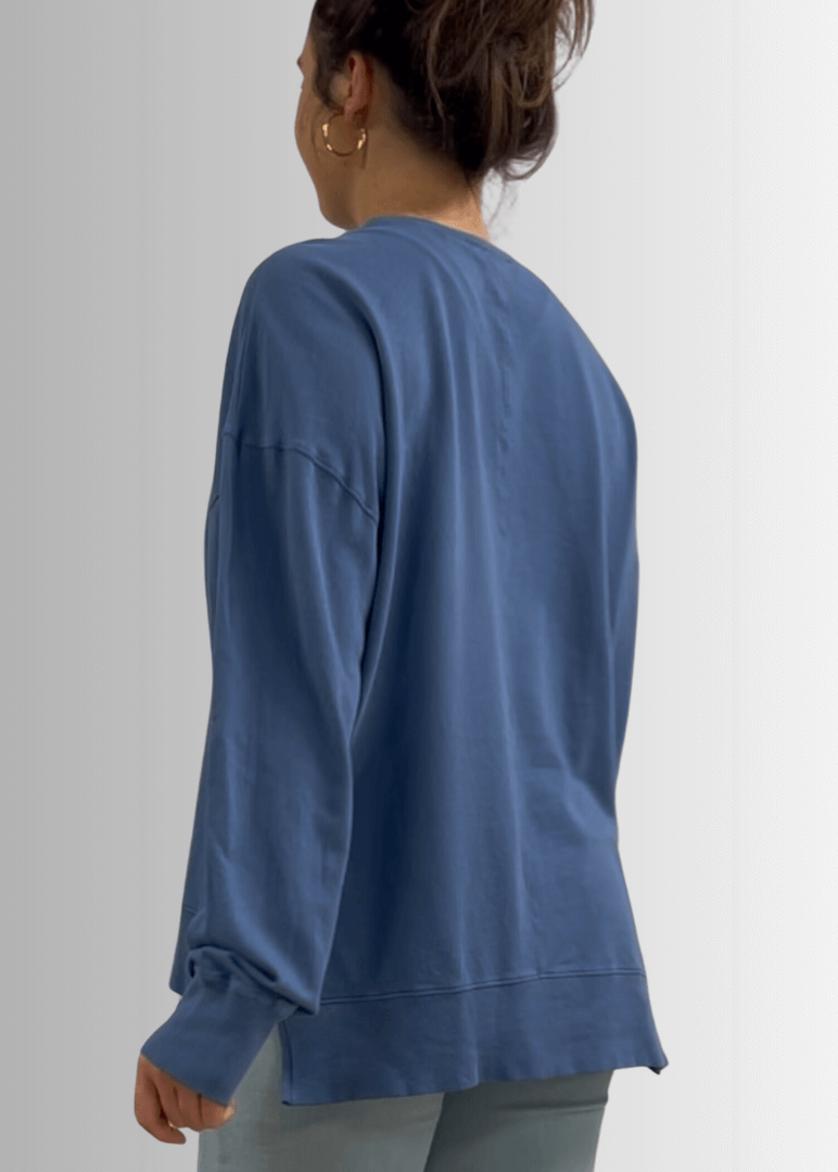 Made in USA Premium French Terry Cotton Long Sleeve Top, Made with Premium USA Cotton, Oversized Fit, Lightweight, Crew Neck in Denim Blue | Classy Cozy Cool Made in America Boutique