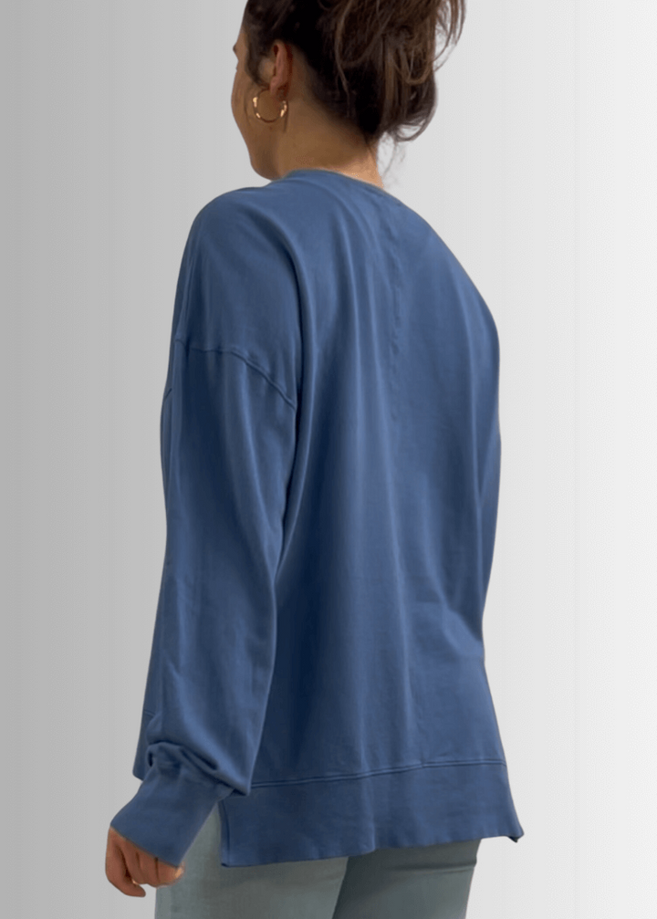 Made in USA Premium French Terry Cotton Long Sleeve Top, Made with Premium USA Cotton, Oversized Fit, Lightweight, Crew Neck in Denim Blue | Classy Cozy Cool Made in America Boutique