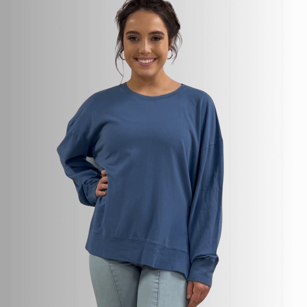 Made in USA Premium French Terry Cotton Long Sleeve Top, Made with Premium USA Cotton, Oversized Fit, Lightweight, Crew Neck in Denim Blue | Classy Cozy Cool Made in America Boutique