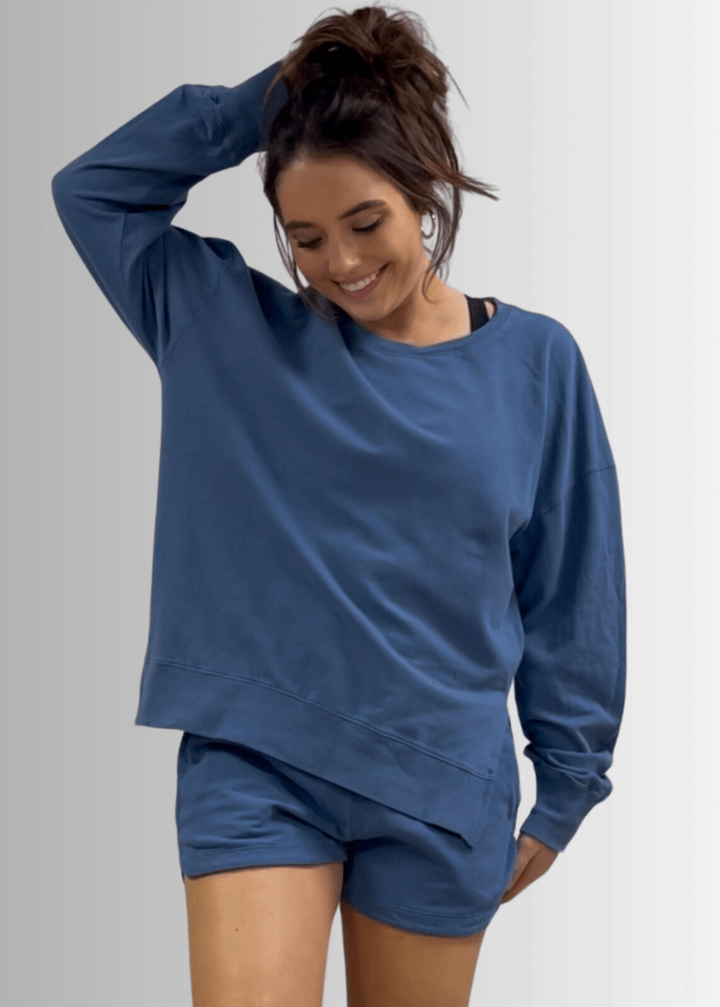 Made in USA Premium French Terry Cotton Long Sleeve Top, Made with Premium USA Cotton, Oversized Fit, Lightweight, Crew Neck in Denim Blue | Classy Cozy Cool Made in America Boutique