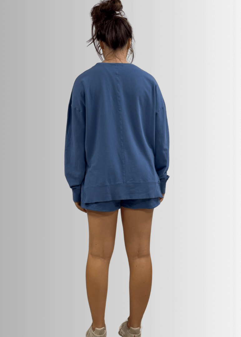 Made in USA Premium French Terry Cotton Long Sleeve Top, Made with Premium USA Cotton, Oversized Fit, Lightweight, Crew Neck in Denim Blue | Classy Cozy Cool Made in America Boutique