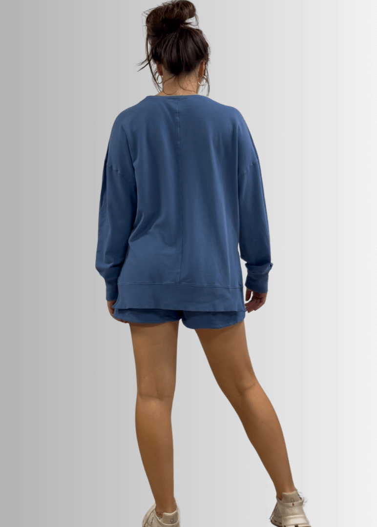 Made in USA Premium French Terry Cotton Long Sleeve Top, Made with Premium USA Cotton, Oversized Fit, Lightweight, Crew Neck in Denim Blue | Classy Cozy Cool Made in America Boutique