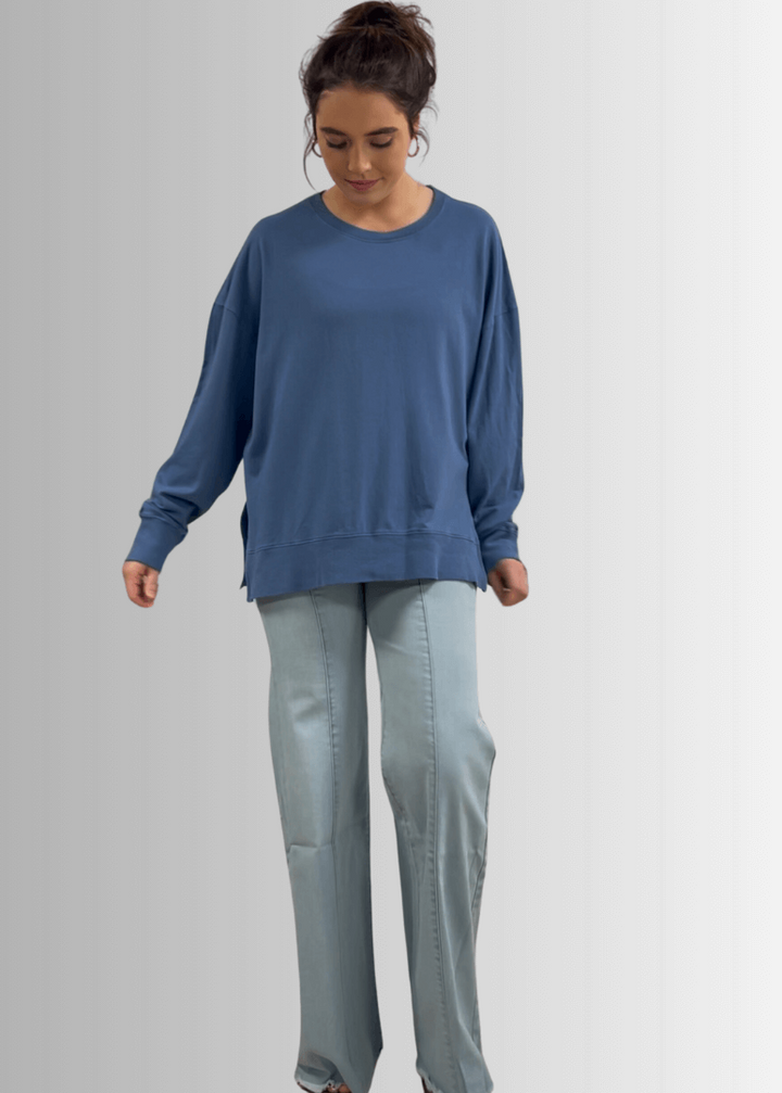 Made in USA Premium French Terry Cotton Long Sleeve Top, Made with Premium USA Cotton, Oversized Fit, Lightweight, Crew Neck in Denim Blue | Classy Cozy Cool Made in America Boutique