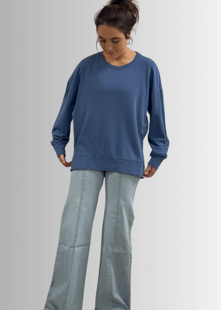 Made in USA Premium French Terry Cotton Long Sleeve Top, Made with Premium USA Cotton, Oversized Fit, Lightweight, Crew Neck in Denim Blue | Classy Cozy Cool Made in America Boutique
