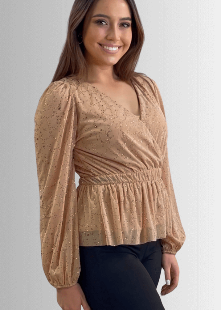 Made in USA |  Women's Peplum Style Glitter Mesh Top with Deep V-Neck & Puff Sleeves in Tan | If She Loves Style IST1320 | Classy Cozy Cool Women's Made in America Boutique