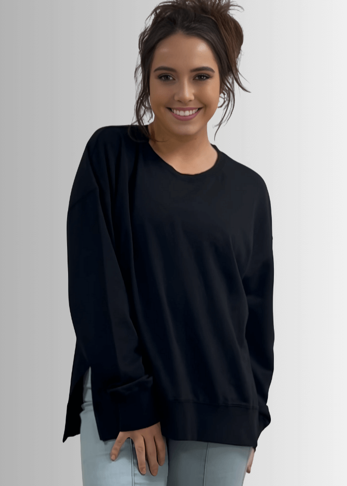 Made in USA Premium French Terry Cotton Long Sleeve Top, Made with Premium USA Cotton, Oversized Fit, Lightweight, Crew Neck in Black | Classy Cozy Cool Made in America Boutique