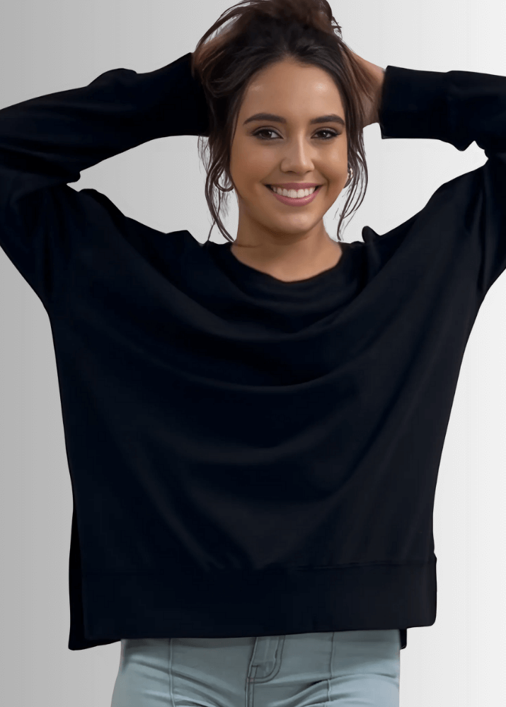 Made in USA Premium French Terry Cotton Long Sleeve Top, Made with Premium USA Cotton, Oversized Fit, Lightweight, Crew Neck in Black | Classy Cozy Cool Made in America Boutique