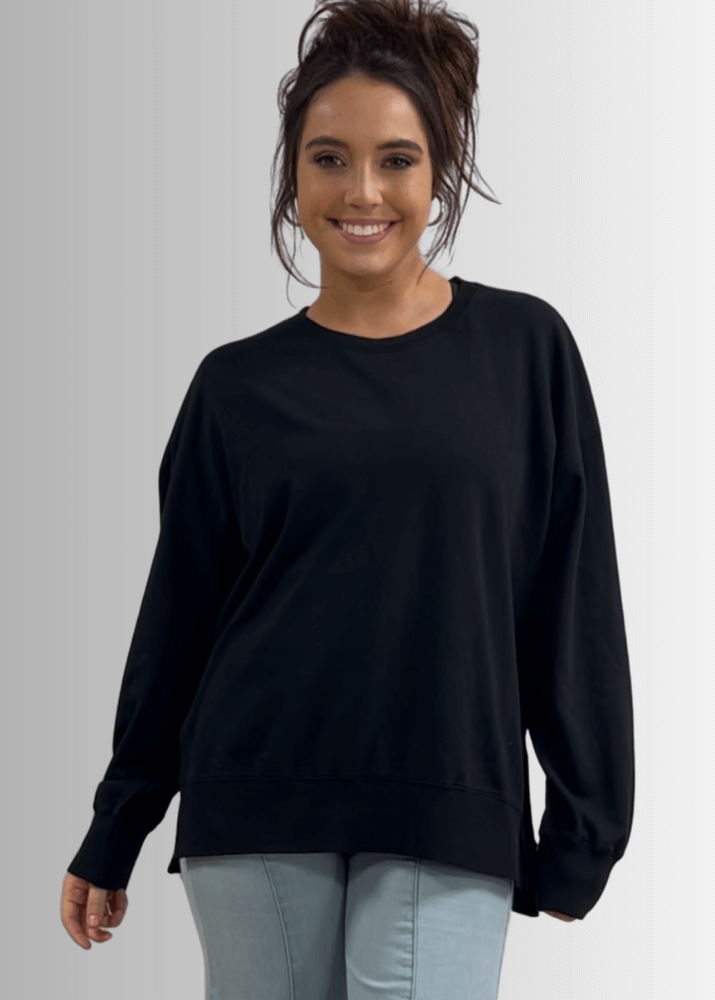 Made in USA Premium French Terry Cotton Long Sleeve Top, Made with Premium USA Cotton, Oversized Fit, Lightweight, Crew Neck in Black | Classy Cozy Cool Made in America Boutique