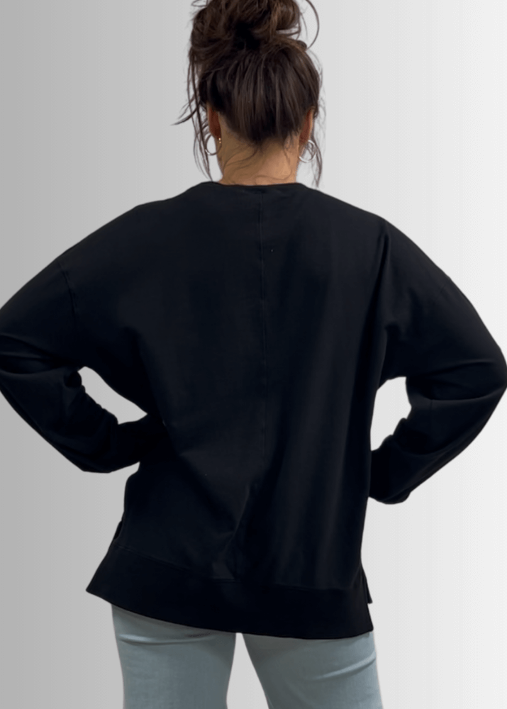 Made in USA Premium French Terry Cotton Long Sleeve Top, Made with Premium USA Cotton, Oversized Fit, Lightweight, Crew Neck in Black | Classy Cozy Cool Made in America Boutique