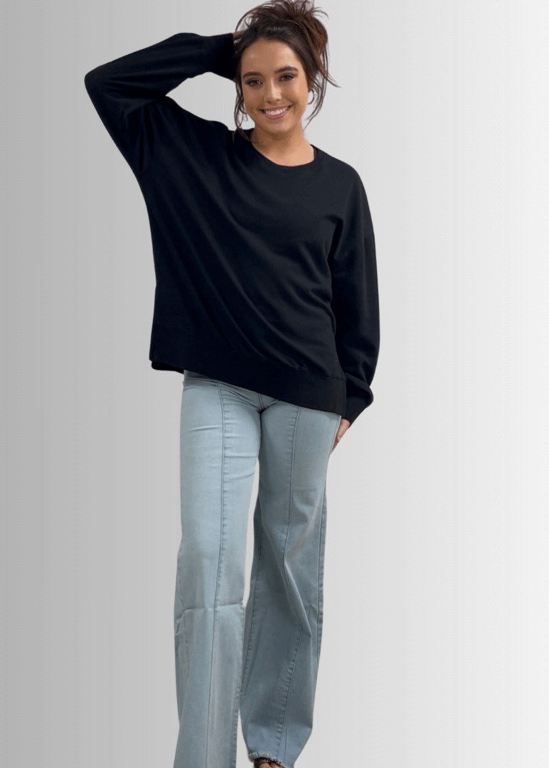 Made in USA Premium French Terry Cotton Long Sleeve Top, Made with Premium USA Cotton, Oversized Fit, Lightweight, Crew Neck in Black | Classy Cozy Cool Made in America Boutique