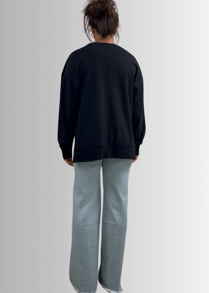 Made in USA Premium French Terry Cotton Long Sleeve Top, Made with Premium USA Cotton, Oversized Fit, Lightweight, Crew Neck in Black | Classy Cozy Cool Made in America Boutique