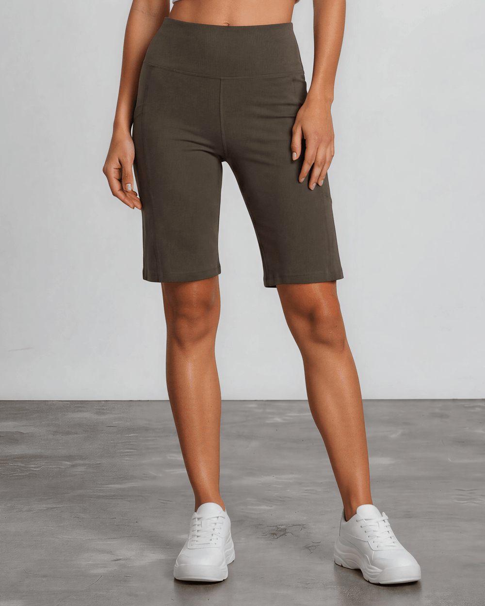 Made in USA Women's Perfect Fit Hilton Head Head Hybrid Shorts, a Premium Tummy Control, Fitted  Walking Shorts, Large Side Pockets, Wide Waistband, Long Length in Dark Moss Green  | 95% Cotton 5% Spandex | Style C30731 | Classy Cozy Cool Made in America Clothing