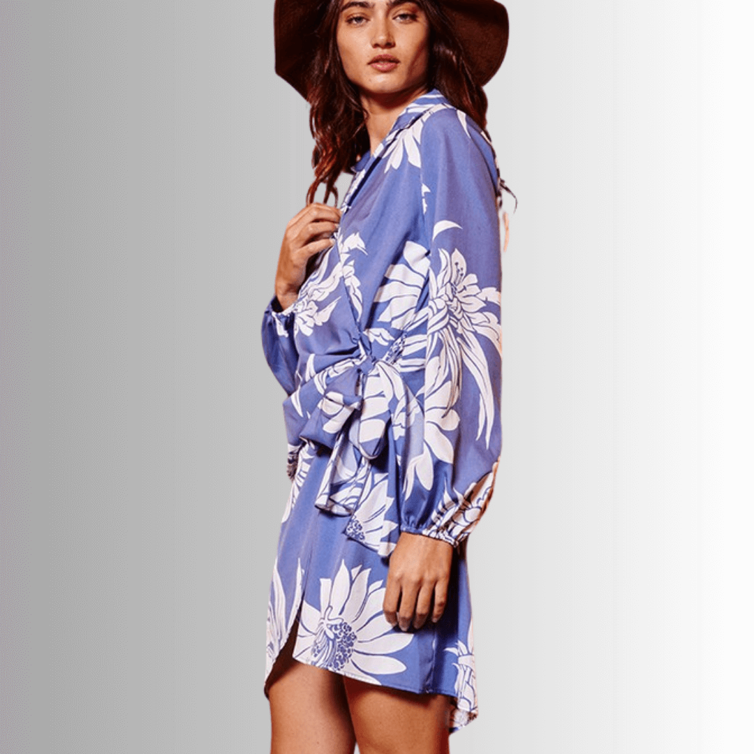 Ladies Indigo Blue Floral Wrap Mini Dress or Tunic with Long Puff Sleeves | Bucket List Style