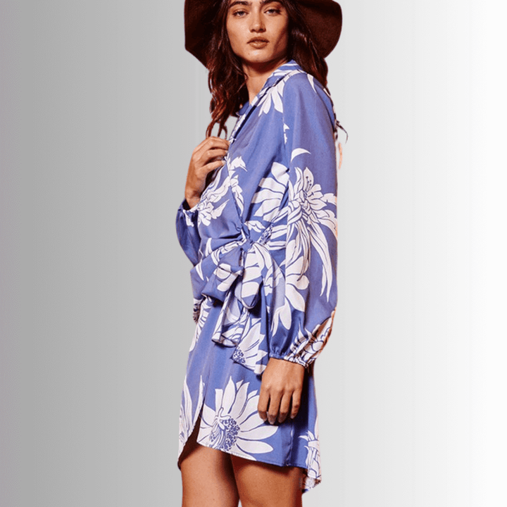 Ladies Indigo Blue Floral Wrap Mini Dress or Tunic with Long Puff Sleeves | Bucket List Style