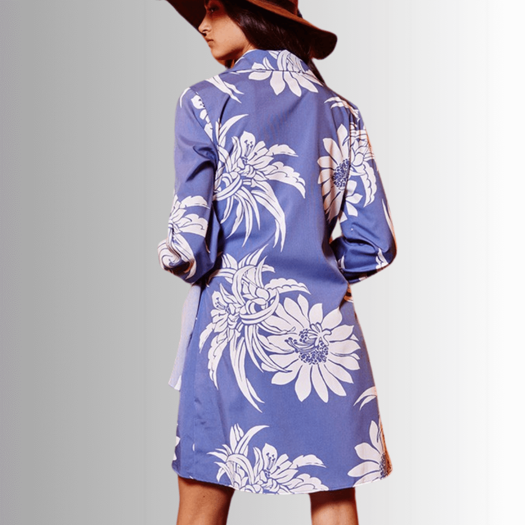 Ladies Indigo Blue Floral Wrap Mini Dress or Tunic with Long Puff Sleeves | Bucket List Style