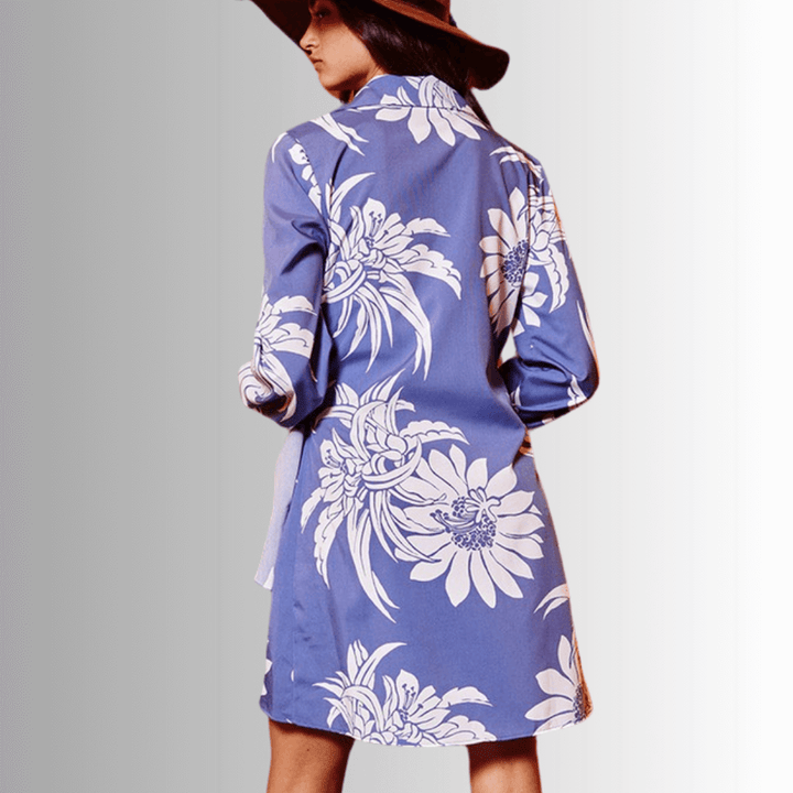 Ladies Indigo Blue Floral Wrap Mini Dress or Tunic with Long Puff Sleeves | Bucket List Style