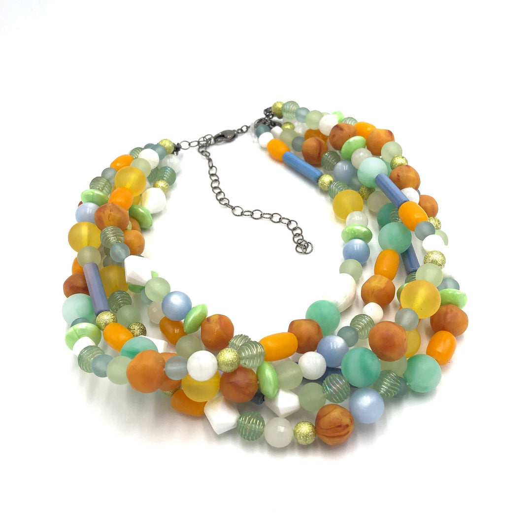 Mixed mid-century vintage bead necklace in pastels & gold. Hand-finished in the USA, 15.5-16" + 6" extender. Sustainable vintage deadstock. by  Leetie Lovendale