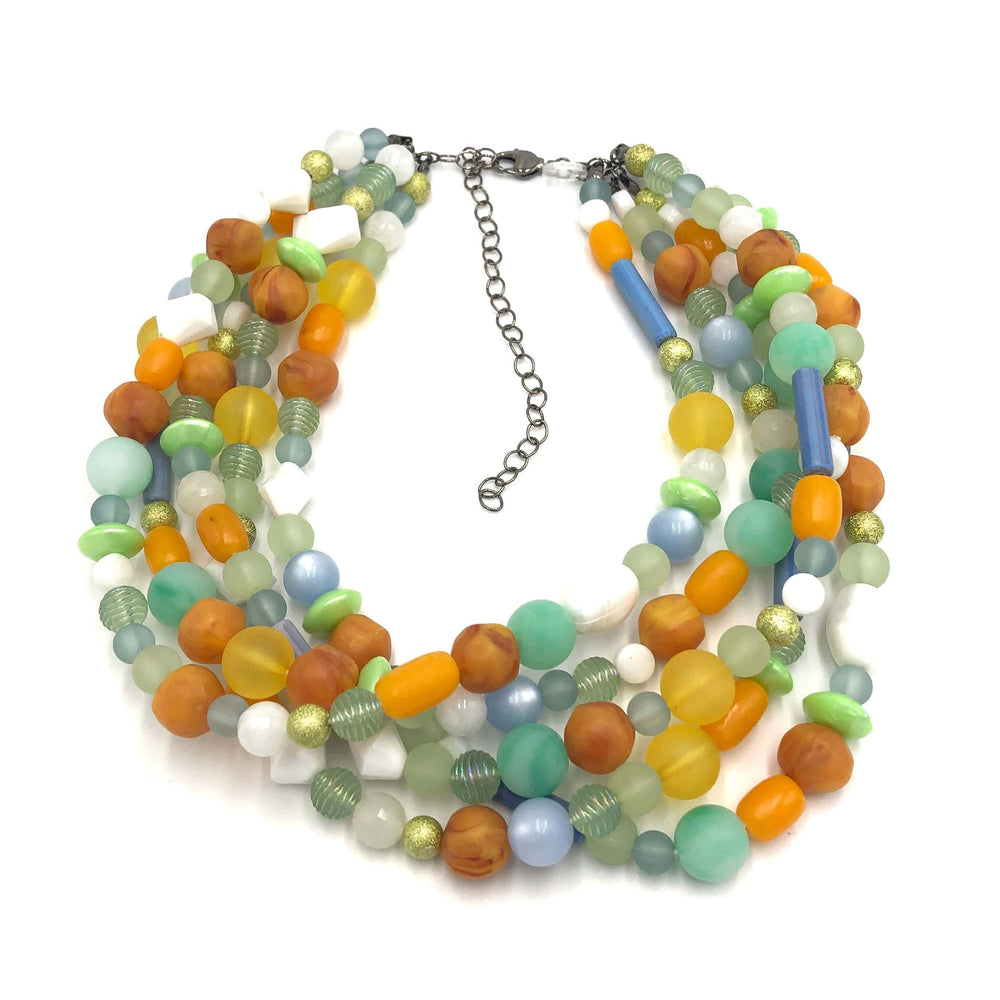 Mixed mid-century vintage bead necklace in pastels & gold. Hand-finished in the USA, 15.5-16" + 6" extender. Sustainable vintage deadstock. by  Leetie Lovendale