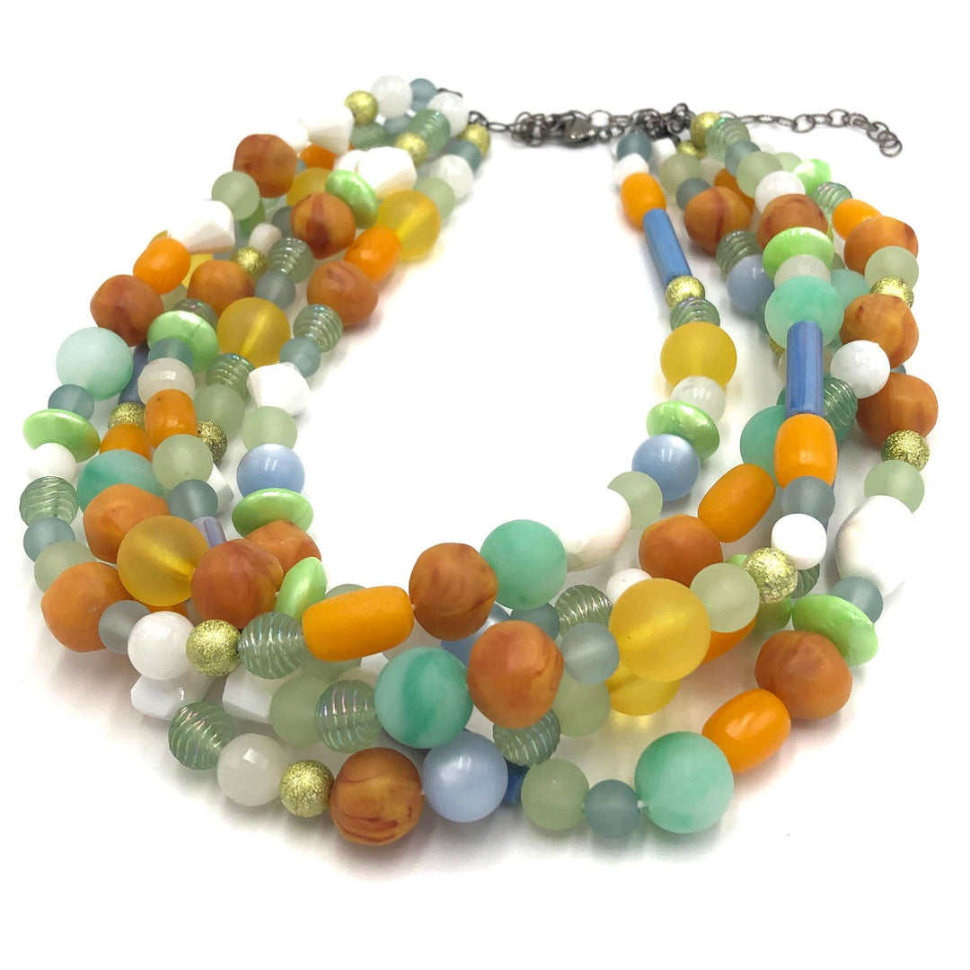 Mixed mid-century vintage bead necklace in pastels &amp; gold. Hand-finished in the USA, 15.5-16" + 6" extender. Sustainable vintage deadstock. by  Leetie Lovendale