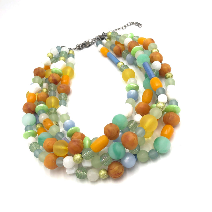 Mixed mid-century vintage bead necklace in pastels &amp; gold. Hand-finished in the USA, 15.5-16" + 6" extender. Sustainable vintage deadstock. by  Leetie Lovendale