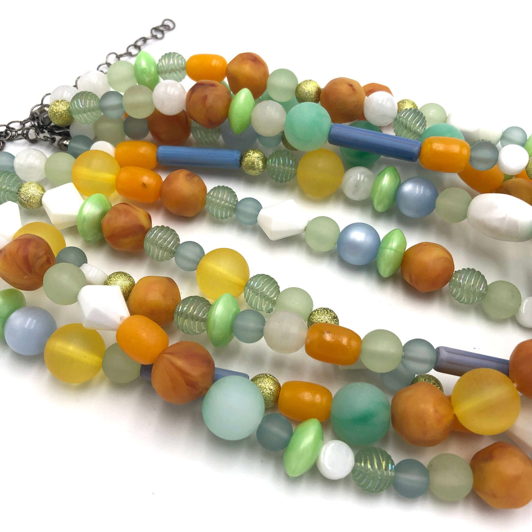 Mixed mid-century vintage bead necklace in pastels &amp; gold. Hand-finished in the USA, 15.5-16" + 6" extender. Sustainable vintage deadstock. by  Leetie Lovendale