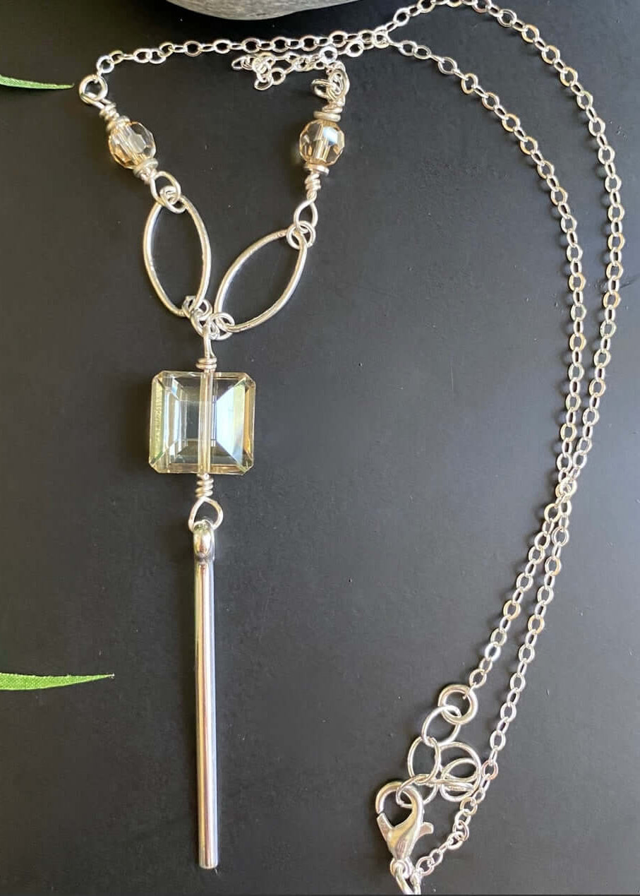 Handmade in USA by Local Artisan Women's Crystal Drop Bar Necklace with Silver Chain Faceted to Pick Up Light in All Directions | Classy Cozy Cool Women's Made in America Boutique