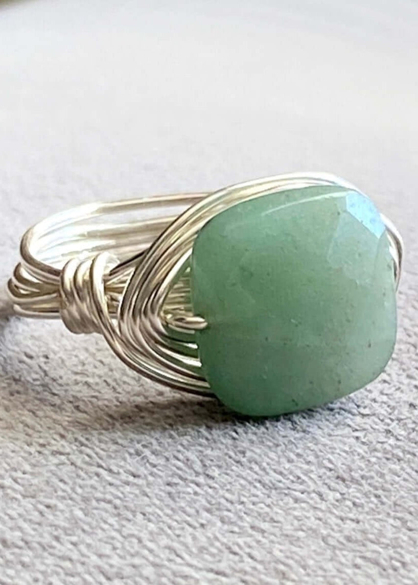 Hand Made in USA Women's Aventurine Green Natural Stone Silver Wire Wrap Ring Crafted by Local Artisan | Classy Cozy Cool Women's Made in America Boutique