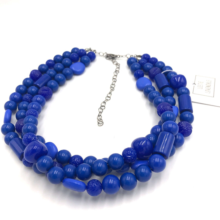 3-strand true blue shiny opaque 1960s Lucite beaded necklace, hand-finished in the USA. Sustainable vintage deadstock. 15.5-16" + 6" extender.