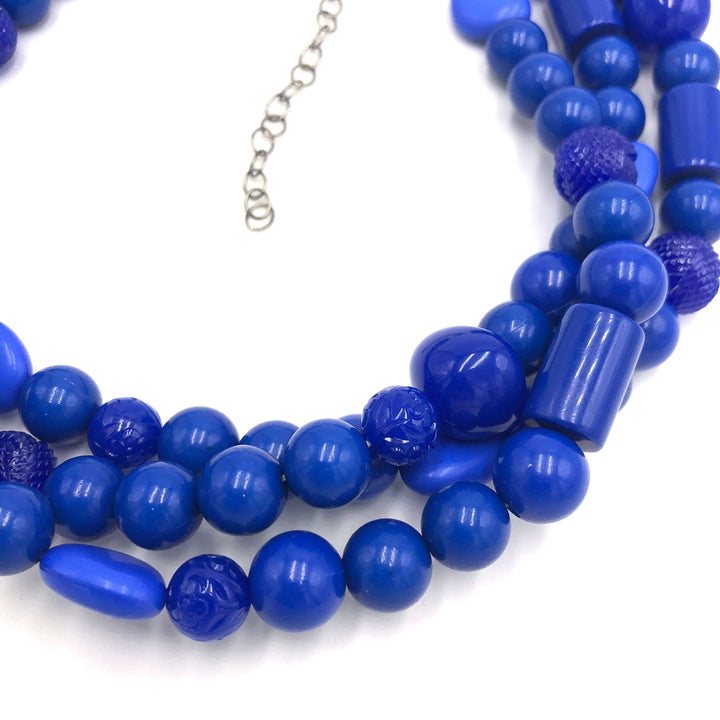 3-strand true blue shiny opaque 1960s Lucite beaded necklace, hand-finished in the USA. Sustainable vintage deadstock. 15.5-16" + 6" extender.