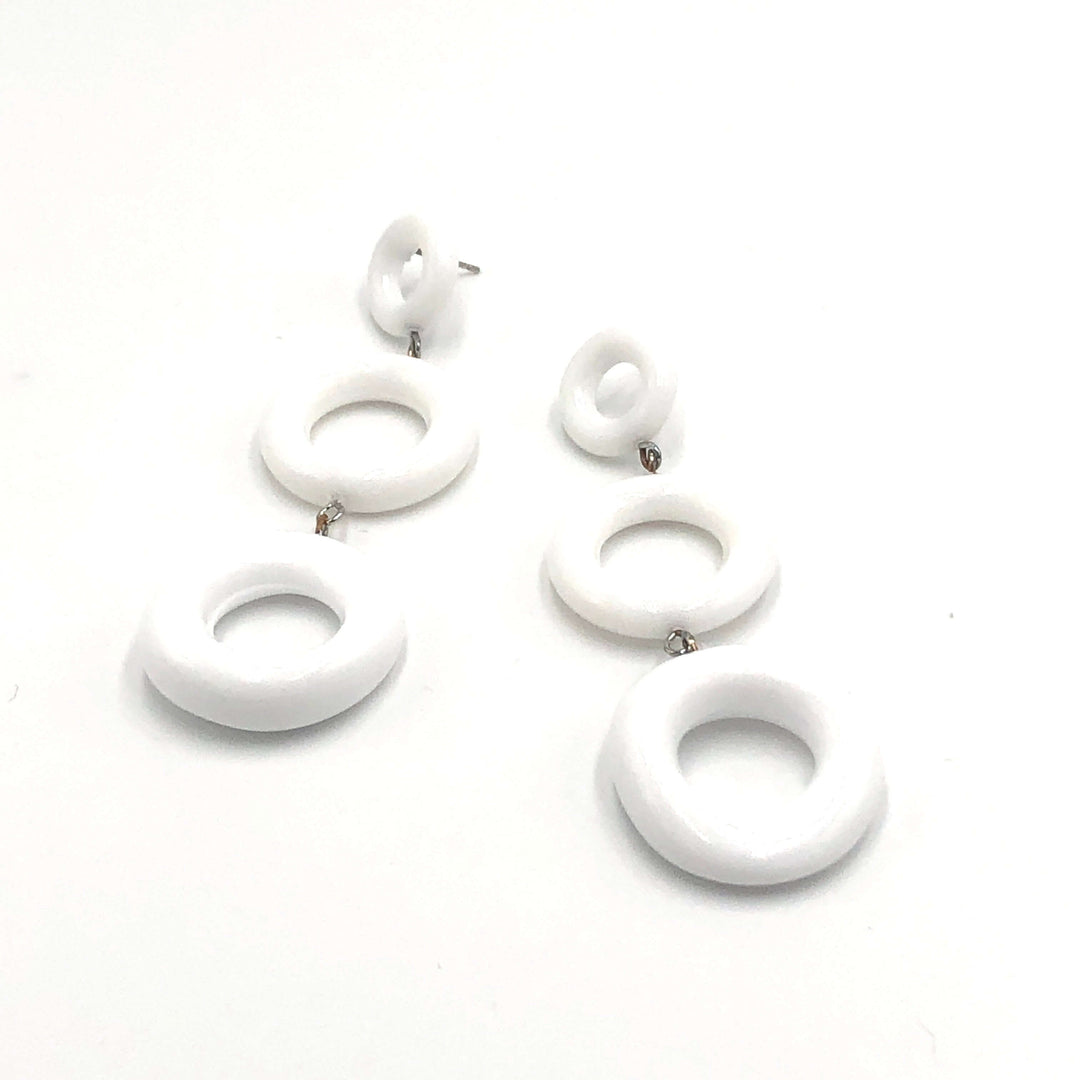 Bold geometric donut dangle earrings, 3.5" long &amp; featherlight. Vintage Rhode Island Lucite, surgical steel posts. Handcrafted in the USA.