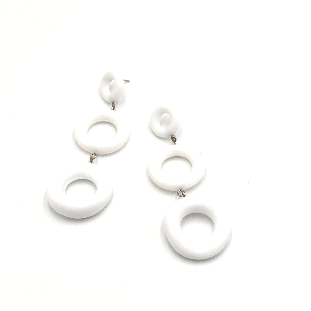 Bold geometric donut dangle earrings, 3.5" long &amp; featherlight. Vintage Rhode Island Lucite, surgical steel posts. Handcrafted in the USA.
