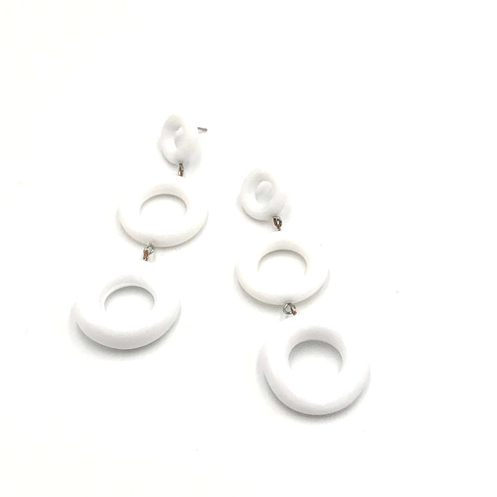Bold geometric donut dangle earrings, 3.5" long &amp; featherlight. Vintage Rhode Island Lucite, surgical steel posts. Handcrafted in the USA.