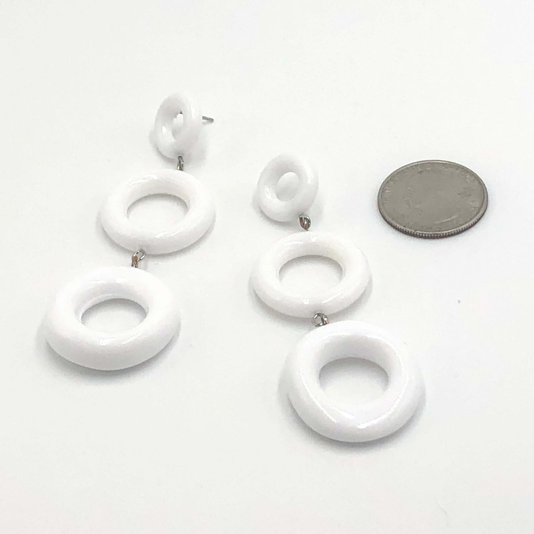 Bold geometric donut dangle earrings, 3.5" long &amp; featherlight. Vintage Rhode Island Lucite, surgical steel posts. Handcrafted in the USA.