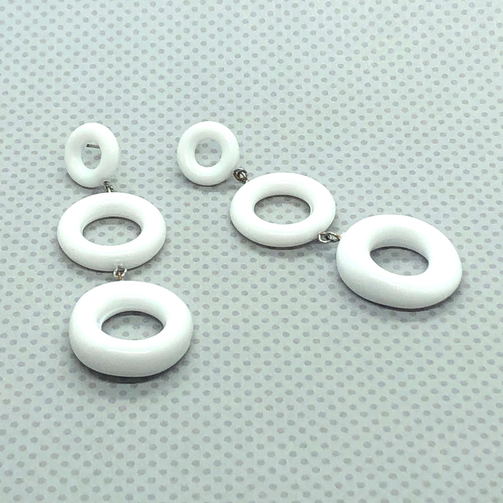 Bold geometric donut dangle earrings, 3.5" long & featherlight. Vintage Rhode Island Lucite, surgical steel posts. Handcrafted in the USA.
