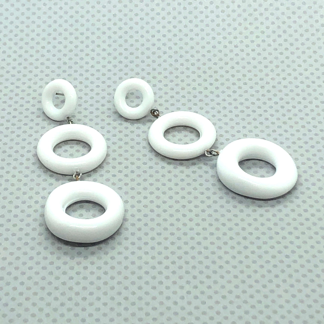 Bold geometric donut dangle earrings, 3.5" long &amp; featherlight. Vintage Rhode Island Lucite, surgical steel posts. Handcrafted in the USA.