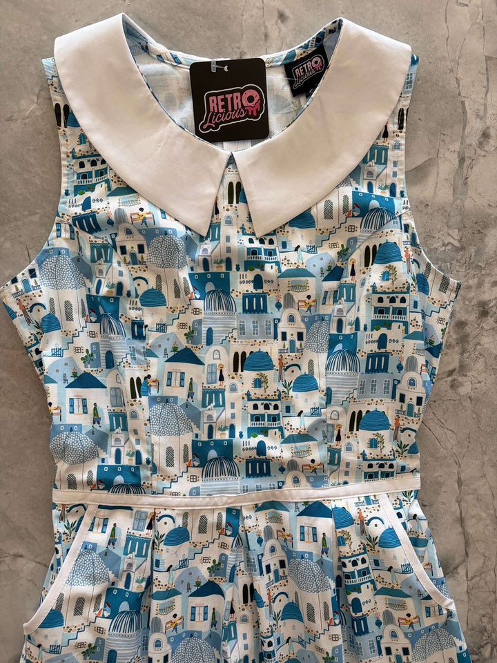 Santorini Collared Dress by Retrolicious — 60s-style A-line, Santorini print, Peter Pan collar, pockets, 100% cotton. Made in USA. Sizes XS–4X.