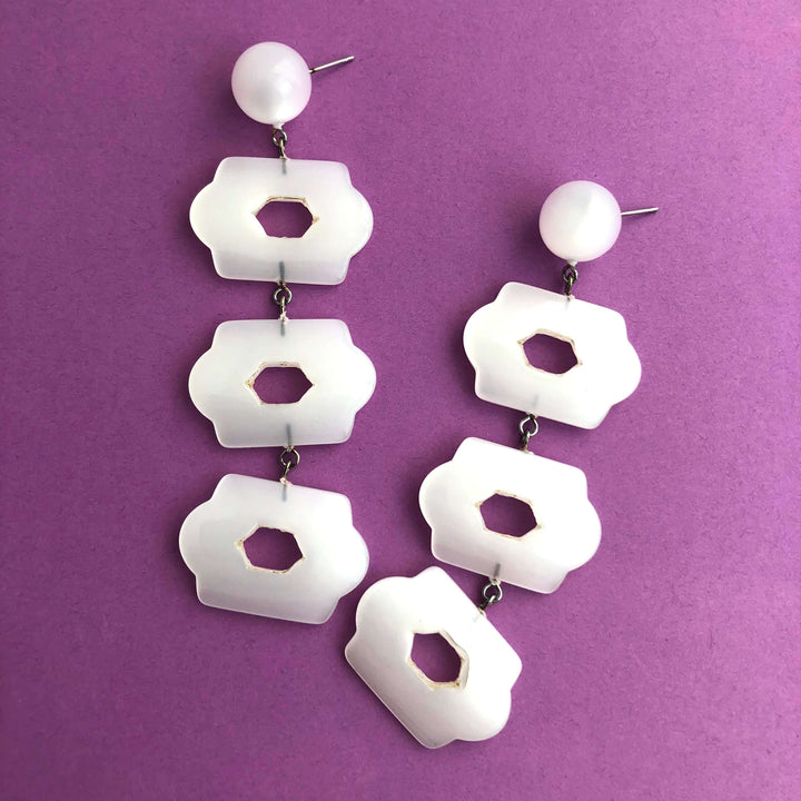 Cascading white moonglow lattice earrings, 3.5" long &amp; featherlight. Vintage 1960s Lucite, surgical steel posts. Handcrafted in the USA. Leetie Lovendale